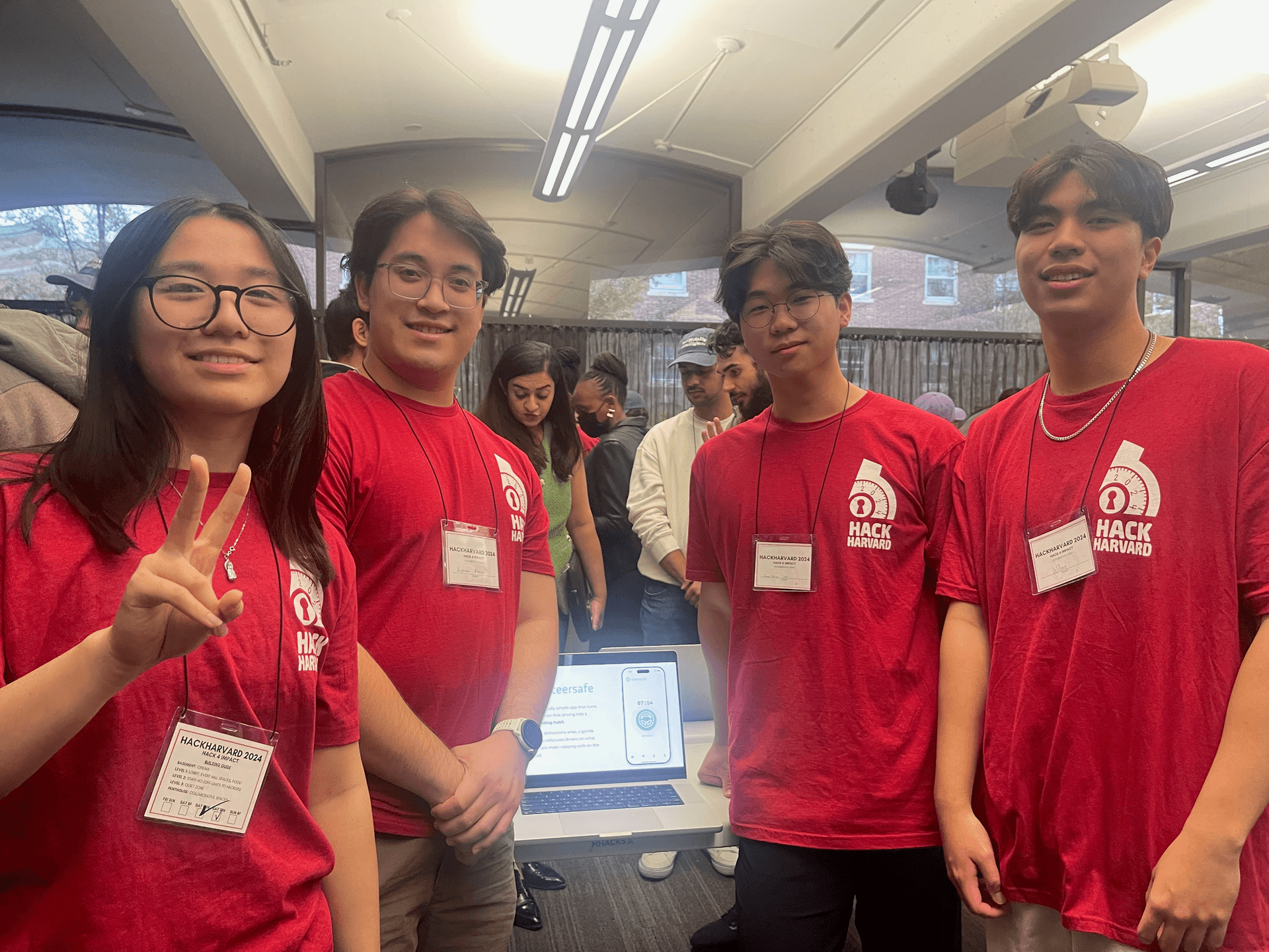 Our HackHarvard 2024 presentation. From left to right: {Sophia Nguyen|https://www.linkedin.com/in/sophia-nguyen-391779213/}, {Raphael Palacio|https://www.linkedin.com/in/raphaelpalacio/}, {Jonathan|https://joonhoswe.com/}, and me.